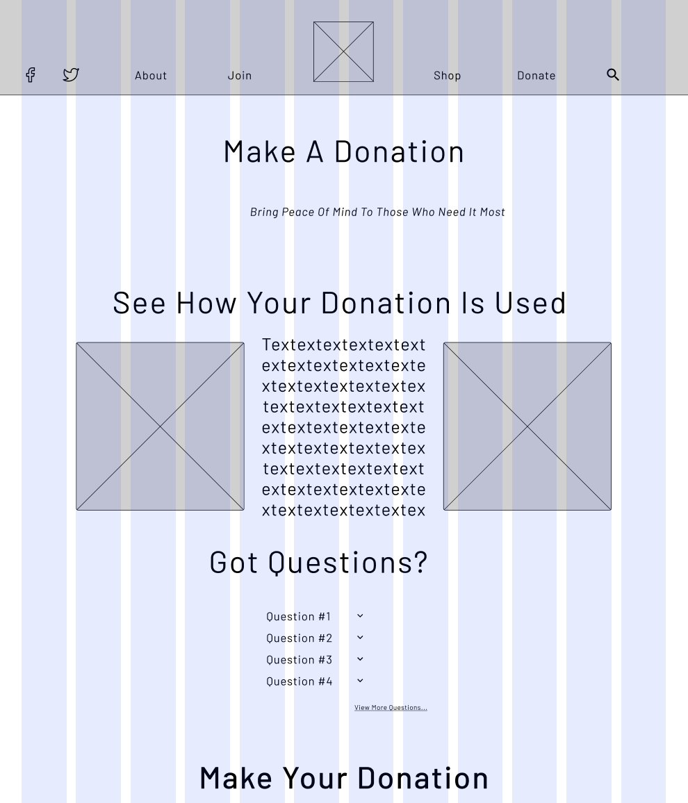 Lo-fidelity wireframe of the desktop donate page